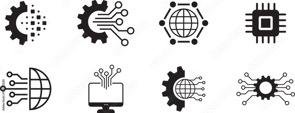 Poster set of digital transformation icon. artificial intelligence & machine learning icon. digitization of