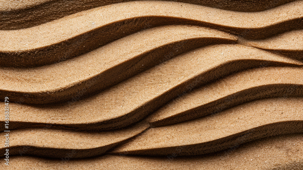 Poster textured sand with smooth, flowing waves creates visually appealing pattern, evoking sense of calm a