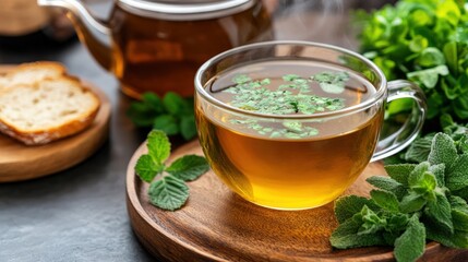 Herbal tea with fresh mint leaves and toast refreshment