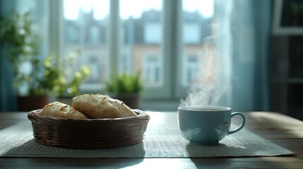 Fresh bread and hot beverage still life with steaming cup by the window