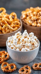 Popcorn and pretzels snack bowl still life