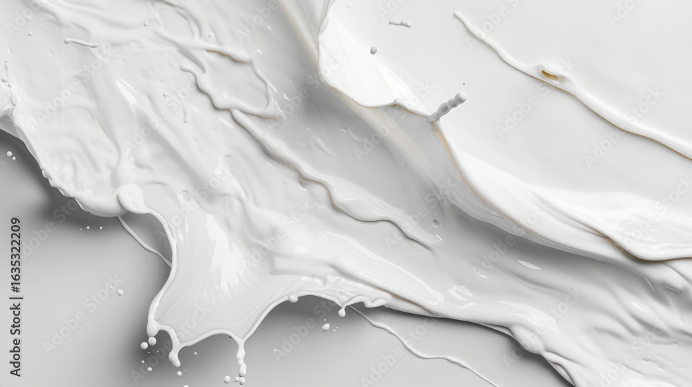 Poster smooth white paint flows across surface, creating abstract texture. glossy finish reflects light, en