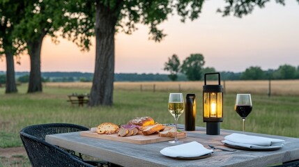 Outdoor dining experience with wine bread and scenic countryside sunset