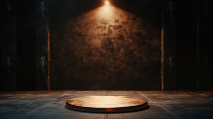 Fototapeta premium Circular platform illuminated by spotlight in dark, textured room creates dramatic atmosphere. surrounding walls are rough and shadowy, enhancing focus on platform