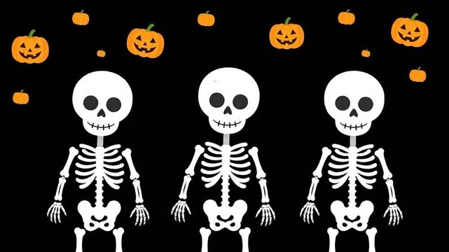 Three skeletons hold hands under floating pumpkins on a black background