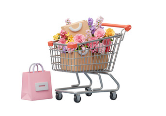 3D Render Of Shopping Cart Filled With Colorful Flowers And Shopping Bags