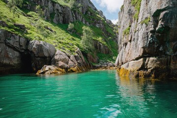 Naklejka premium Emerald waterway framed by rugged, grey cliffs and lush green hillside