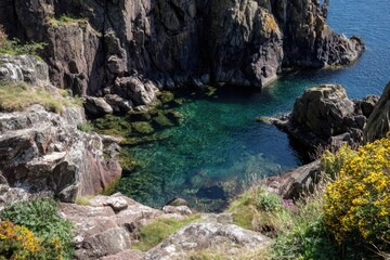 Naklejka premium Coastal rock pool, clear turquoise water, surrounded by dark grey and reddish rocks, and yellow wildflowers