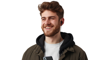 A smiling bearded man wears headphones while looking at a phone.