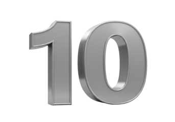 3D Render Of Metallic Silver Number Ten Isolated On Transparent Background