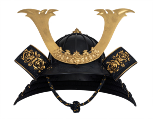 Stunning ornate samurai helmet displays rich gold detailing on black, evoking warrior heritage and tradition.