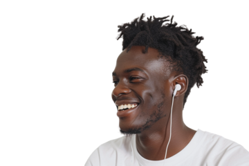 Smiling, dark-skinned man listens with white earphones. Perfect for product photography, branding, posters, or ads.