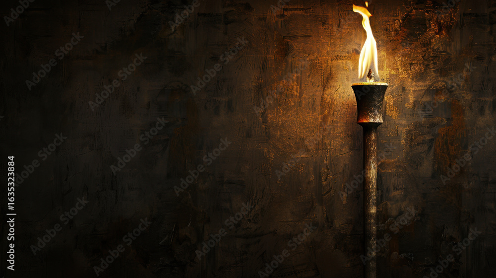 Poster flickering flame illuminates rustic torch against dark, textured background, creating warm and myste