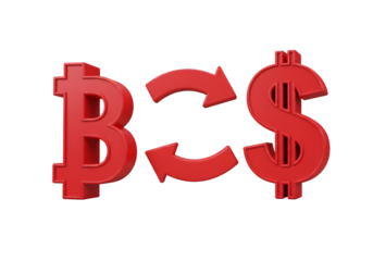 3D Render Of Red Bitcoin To Dollar Symbol Exchange On Black Background