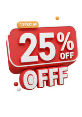 3D Rendered 25 Percent Off Discount Promotion on Transparent Background