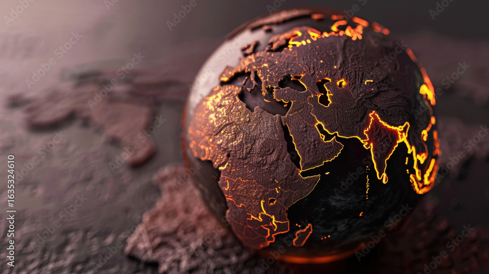 Poster detailed 3d rendering of globe showcasing textured surface with glowing orange lines representing co