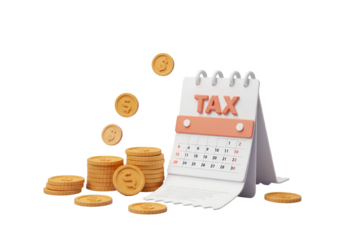 3D Render of Tax Calendar with Gold Coins Illustration Against Transparent Background