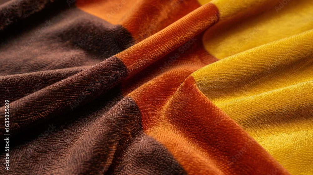 Poster soft fabric with rich textures in warm colors of brown, orange, and yellow, creating cozy and inviti