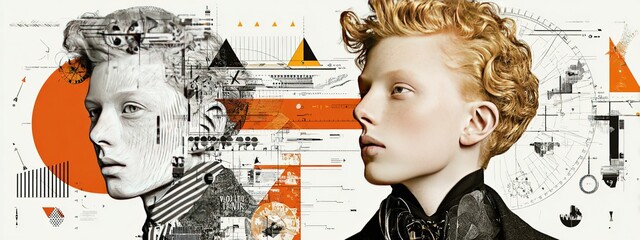 Geometric Collage Fashion Duo - Ginger Hair Male Models in Black/White, Abstract Orange/Yellow/Gray Shapes, Magazine Cover Element (Commercial)