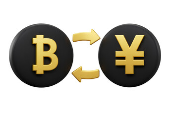 3D Rendered Bitcoin And Yen Currency Exchange Symbol Isolated on Black Background