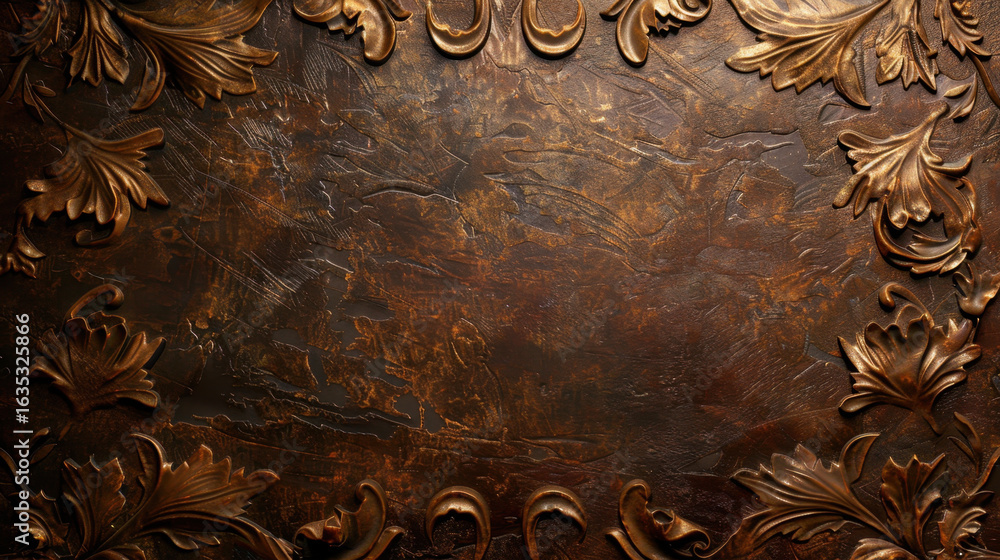 Poster Elegant decorative background featuring ornate golden floral patterns on textured dark surface, creating luxurious and sophisticated atmosphere. Ideal for design projects