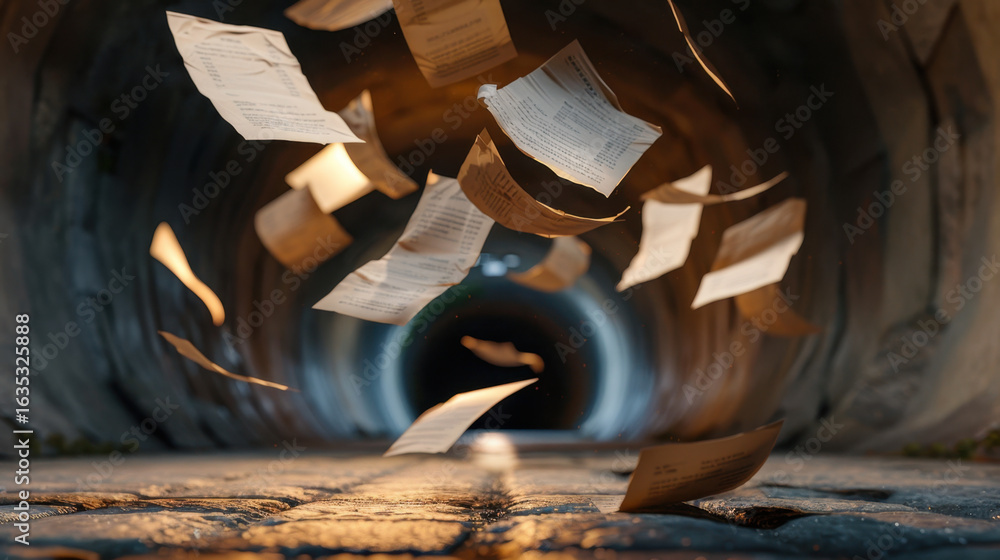 Poster floating papers in dark tunnel create mysterious atmosphere, evoking feelings of curiosity and intri