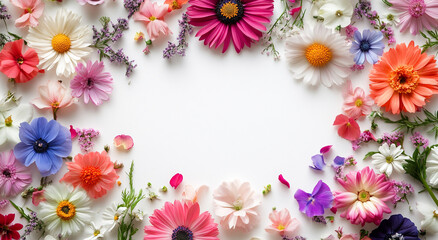 Fototapeta premium A beautiful and vibrant frame of various colorful flowers, including dahlias, anemones, and baby's breath, is arranged on a clean white background.