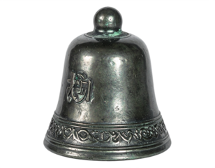Antique bronze bell with intricate oriental inscription and detailed ornamental band