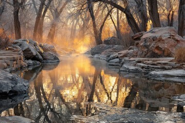 Golden morning mist on a tranquil stream
