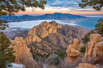 Mountain vista at sunrise, with fog