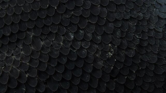 Close-up of textured black fish scales in natural light