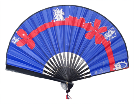 Vibrant blue folding fan with striking red floral design, elegant cultural accessory