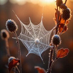 Close-up of a delicate spider web adorned with morning dew and surrounded by autumn leaves in soft warm light, capturing the fragile beauty and peaceful atmosphere of a misty fall forest