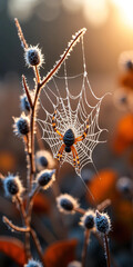 Close-up of a delicate spider web adorned with morning dew and surrounded by autumn leaves in soft warm light, capturing the fragile beauty and peaceful atmosphere of a misty fall forest