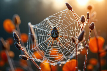 Close-up of a delicate spider web adorned with morning dew and surrounded by autumn leaves in soft warm light, capturing the fragile beauty and peaceful atmosphere of a misty fall forest