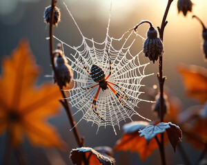 Close-up of a delicate spider web adorned with morning dew and surrounded by autumn leaves in soft warm light, capturing the fragile beauty and peaceful atmosphere of a misty fall forest