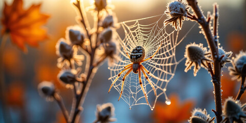 Close-up of a delicate spider web adorned with morning dew and surrounded by autumn leaves in soft warm light, capturing the fragile beauty and peaceful atmosphere of a misty fall forest