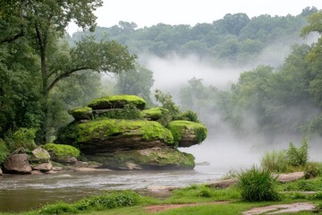 Misty riverbank rock outcrop, lush greenery