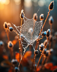Close-up of a delicate spider web adorned with morning dew and surrounded by autumn leaves in soft warm light, capturing the fragile beauty and peaceful atmosphere of a misty fall forest