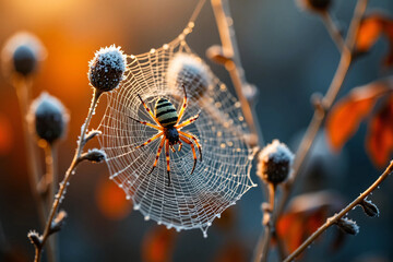 Close-up of a delicate spider web adorned with morning dew and surrounded by autumn leaves in soft warm light, capturing the fragile beauty and peaceful atmosphere of a misty fall forest