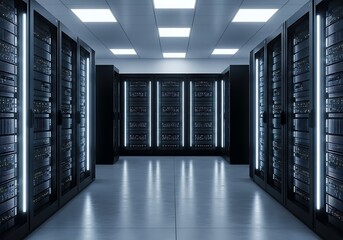 Data center, server room with modern glowing server racks. High-tech infrastructure for cloud computing, AI, and big data storage. Secure, efficient IT concept.