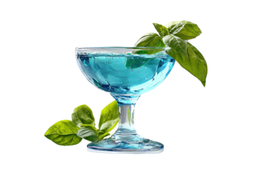 Light-blue cocktail in stemmed glass, garnished with basil leaves