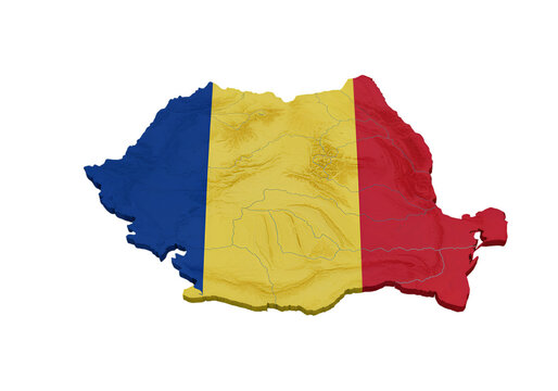 3D Render Of Romania Flag Map Isolated Against A Transparent Background