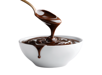 Dark chocolate sauce pouring from a white porcelain bowl isolated on a transparent background