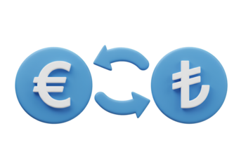 3D Rendered Euro and Lira Exchange with Blue Circular Symbols and Arrows on Isolated Transparent Background