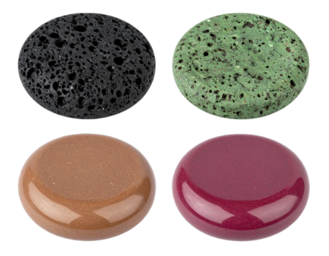 Discover vibrant textures and smooth surfaces in this collection of four distinct circular elements