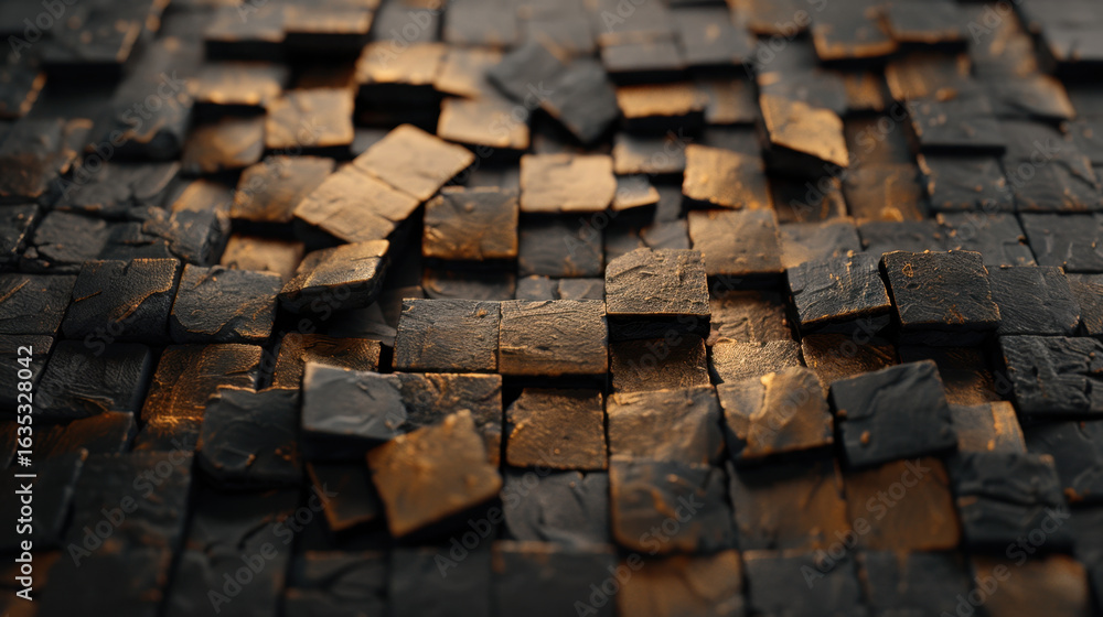 Poster textured surface composed of dark and metallic tiles, creating visually striking pattern. interplay 
