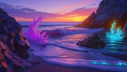 Enchanted beach with glowing purple and blue waves