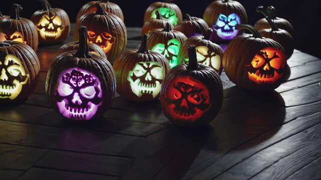 A collection of carved pumpkins with glowing faces in various colors. The pumpkins feature intricate skull designs, creating a spooky Halloween atmosphere.