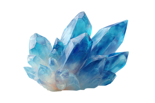 Close-up of a cluster of vibrant blue crystals. Sharp facets and a gradient of light to dark blue